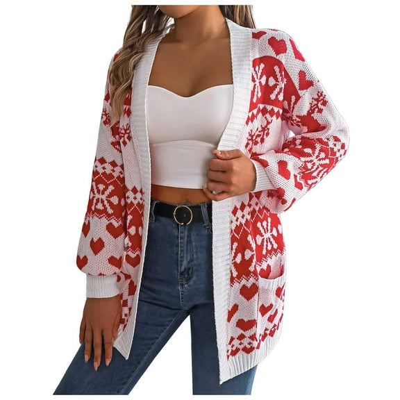 larppty Women's Christmas Cardigan Soft Pocketed Long Sleeves Casual Knitted Xmas Open Front Cardigans Lightweight Sweaters (White, L)