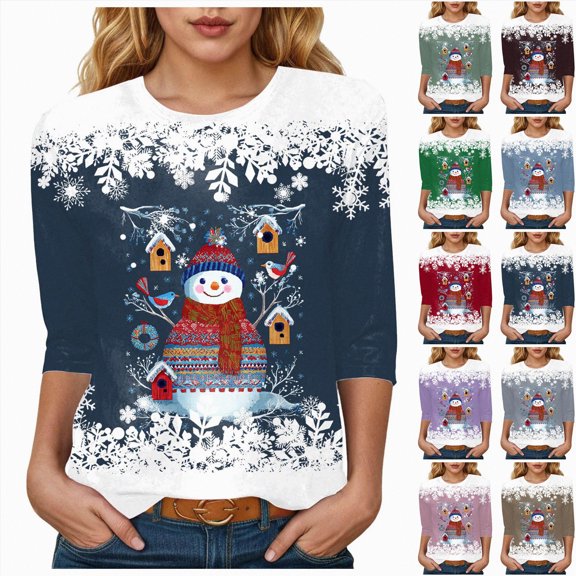 larppty Women's Christmas Crew Neck Shirt Funny Xmas Party Graphic 3/4 Sleeve Tee Winter Holiday Family Matching Tops Blouse (Green, M)