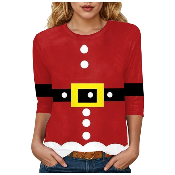 larppty Women's Christmas Shirt, Funny Novelty Santa Print Crew Neck 3/4 Length Sleeve Pullover Winter Fall Party Costume (Watermelon Red, L)