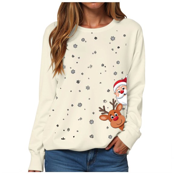 larppty Women's Christmas Sweatshirt Snowflake Graphic Xmas Ugly Shirts Crewneck Long Sleeve Fall Pullover 2025 (Beige, M)