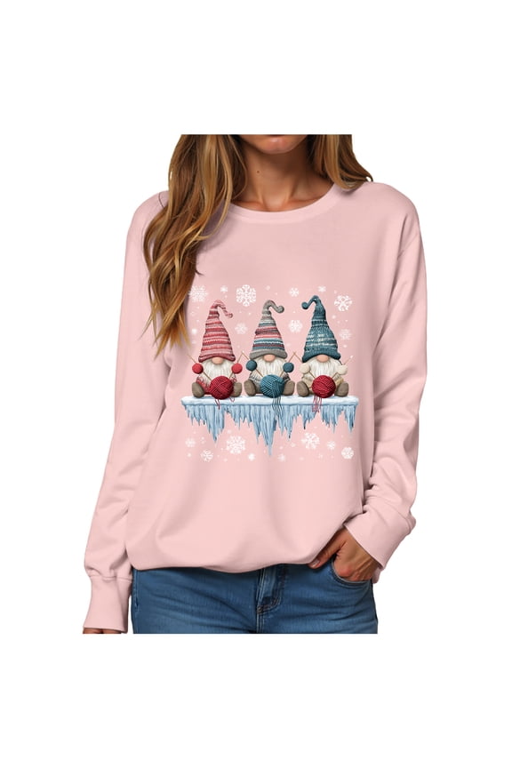 Women's Christmas Sweatshirts Long Sleeve Pullover Shirts Funny Garden Gnome Graphic Tees Tops (Pink, S)