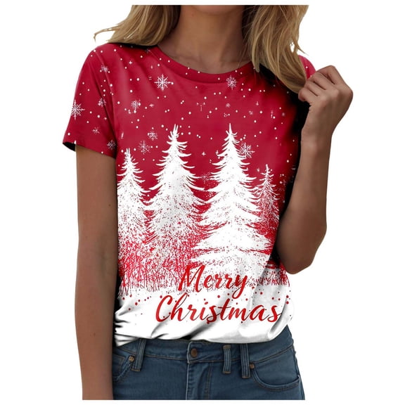 larppty Women's Christmas T-Shirts - Festive Holiday Xmas Tree Graphic Shirt for Women (Red, L)