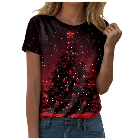 larppty Women's Christmas T-Shirts - Festive Holiday Xmas Tree Graphic Shirt for Women (Wine, L)