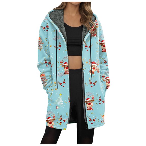 larppty Women's Christmas Transition Teddy Hooded Jacket - Long Sleeve Warm Fleece Plush Elegant Winter Coat（Sky Blue，L）