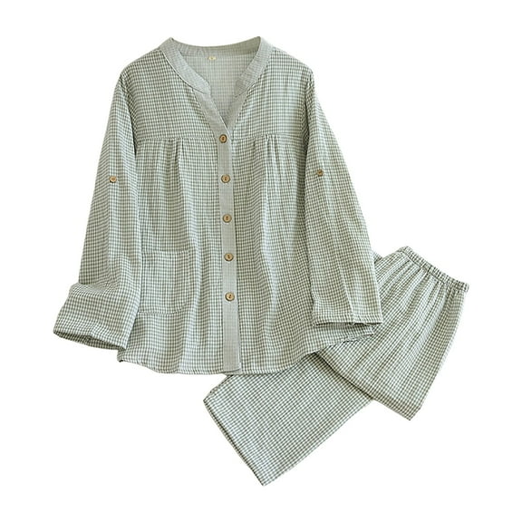 larppty Women's Cotton Gauze Plaid Pajama Set - 2-Piece Long Sleeve Top & Pants Gingham Loungewear（Green，L）