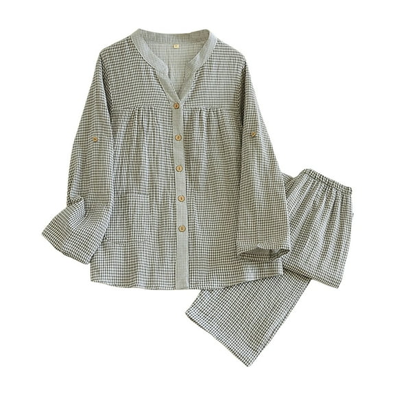 larppty Women's Cotton Gauze Plaid Pajama Set - 2-Piece Long Sleeve Top & Pants Gingham Loungewear（Grey，L）