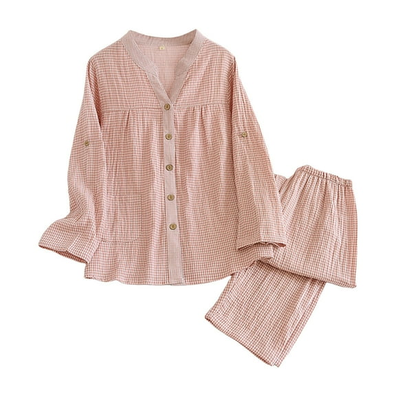 larppty Women's Cotton Gauze Plaid Pajama Set - 2-Piece Long Sleeve Top & Pants Gingham Loungewear（Pink，L）