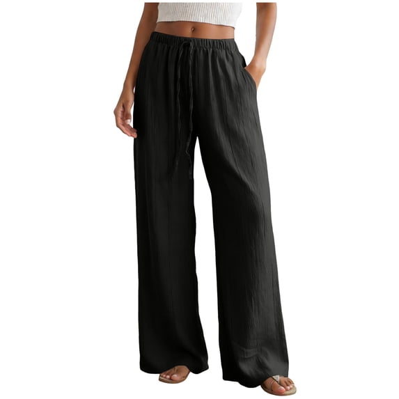larppty Women's Cotton Linen Drawstring High Waisted Pants Casual Loose Fit Wide Leg Trousers(Black, XXL)
