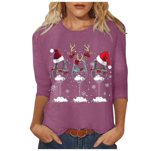 larppty Women's Crew Neck 3/4 Sleeve Christmas Shirts - Funny Graphic Cute Holiday T-Shirts（Light Purple，L）