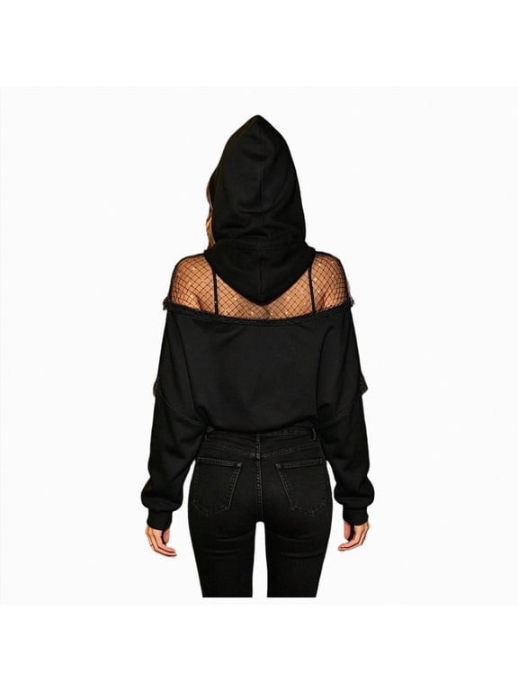 Women's Cropped Hoodies Sexy See Through Backless Fishnet Mesh Pullover Hoodie Sweatshirts Y2k Streetwear Gothic Clothes (Black,XS)