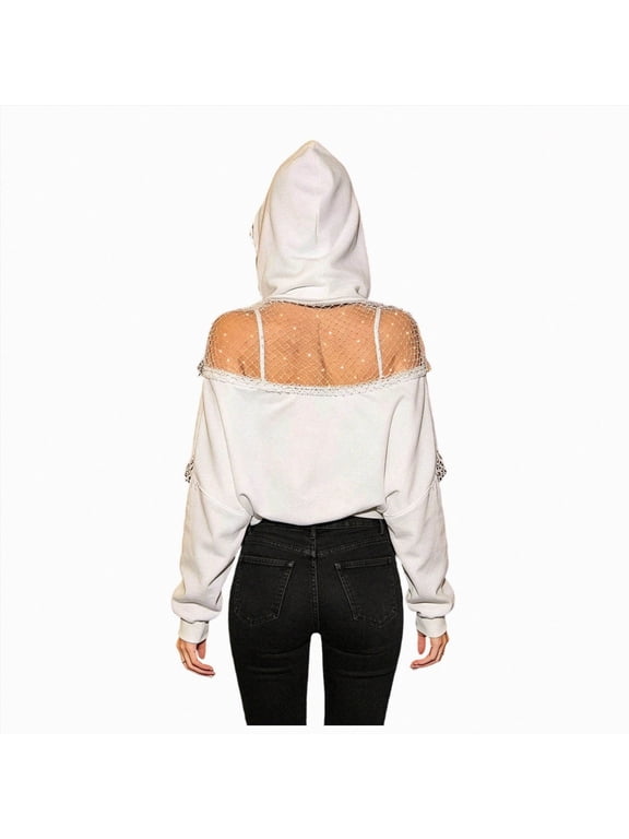 Women's Cropped Hoodies Sexy See Through Backless Fishnet Mesh Pullover Hoodie Sweatshirts Y2k Streetwear Gothic Clothes (White,XS)