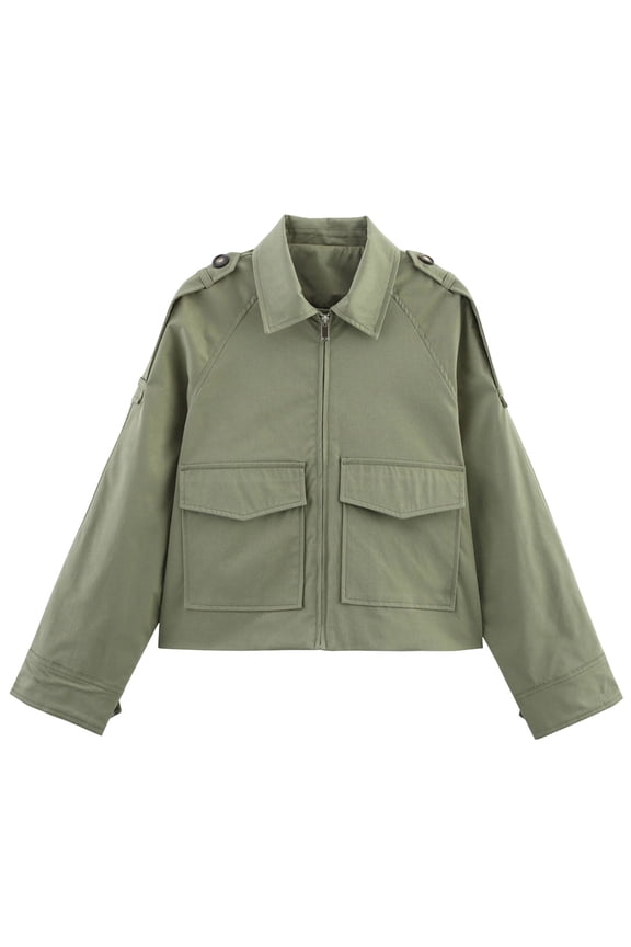 Women's Cropped Lightweight Trench Coat Casual Zip Up Work Jackets with Pockets Outerwear (Green, M)