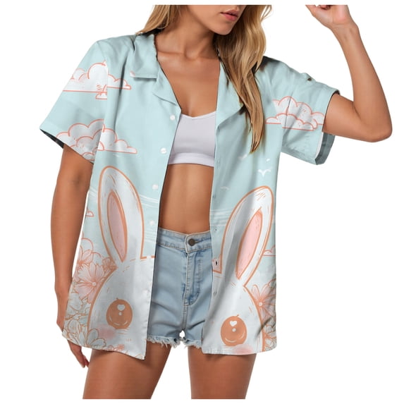 larppty Women's Easter Bunny Rabbit Heart Floral Print Short Sleeve Button Down Shirt Casual Hawaiian Camp Shirt for Beach Vacation Party(Light Blue, XXL)