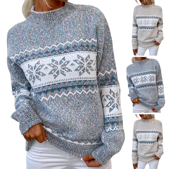 larppty Women's Fair Isle Crew Neck Sweater - Cozy Knit Pullover for Fall Winter（Grey，L）