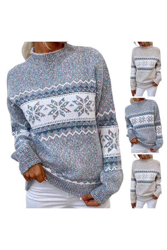 Women's Fair Isle Crew Neck Sweater - Cozy Knit Pullover for Fall Winter(Grey,L)