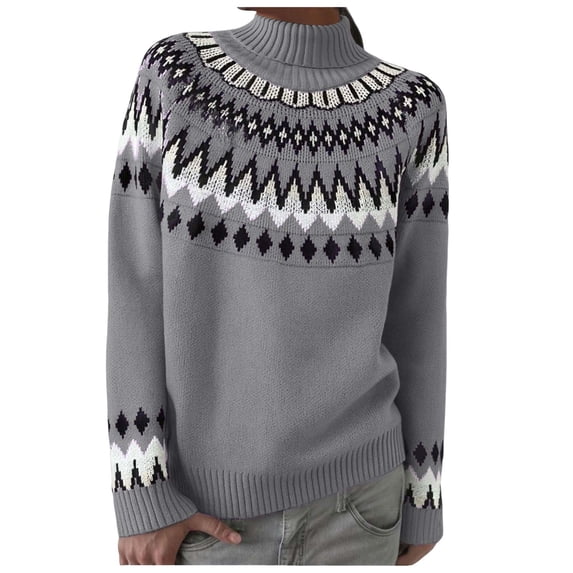 larppty Women's Fair Isle Sweater Casual Crewneck Long Sleeve Lightweight Vintage Knit Jumper Tops (Grey, XL)