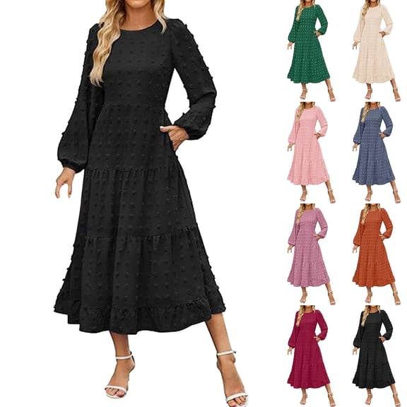 larppty Women's Fall Long Sleeve Maxi Dresses 2025 Crew Neck Swiss Dot Tiered Flowy A Line Wedding Cocktail Party Dress（Pink，XL）