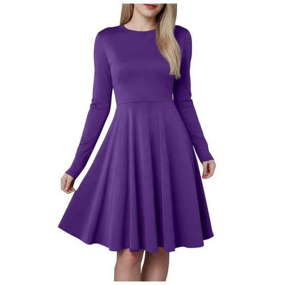 larppty Women's Fall Short Dress Ribbed Knit Crewneck Long Sleeve A Line Flowy Casual Elegant Going Out Winter Dresses(Purple,XL)