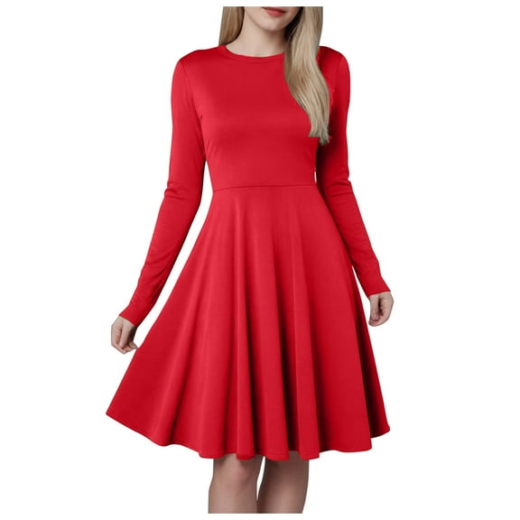 larppty Women's Fall Short Dress Ribbed Knit Crewneck Long Sleeve A Line Flowy Casual Elegant Going Out Winter Dresses(Red,M)