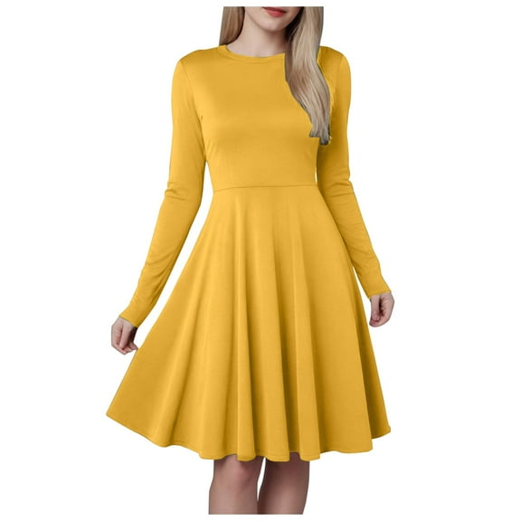 larppty Women's Fall Short Dress Ribbed Knit Crewneck Long Sleeve A Line Flowy Casual Elegant Going Out Winter Dresses(Yellow,XXL)