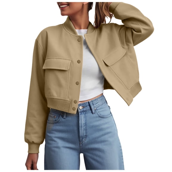 larppty Women's Fashion Bomber Jackets Long Sleeve Cropped Button Down Casual Coat with Pockets Outwear (Khaki, L)