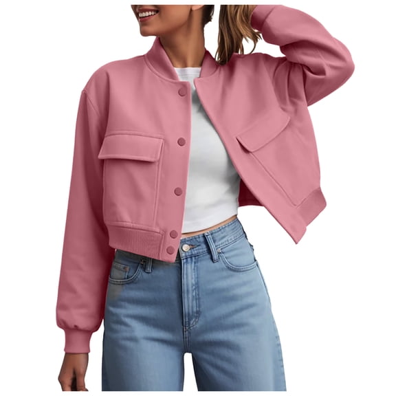 larppty Women's Fashion Bomber Jackets Long Sleeve Cropped Button Down Casual Coat with Pockets Outwear (Red, L)