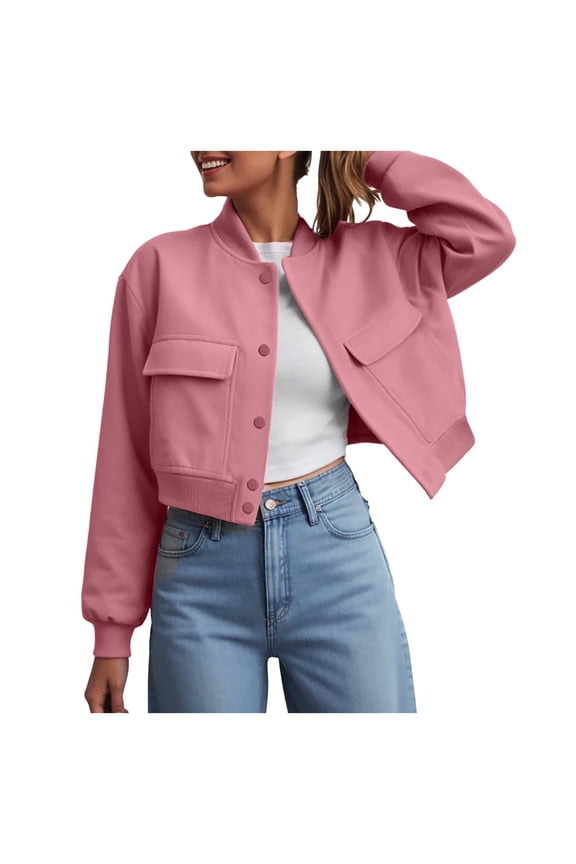 Women's Fashion Bomber Jackets Long Sleeve Cropped Button Down Casual Coat with Pockets Outwear (Red, XXL)