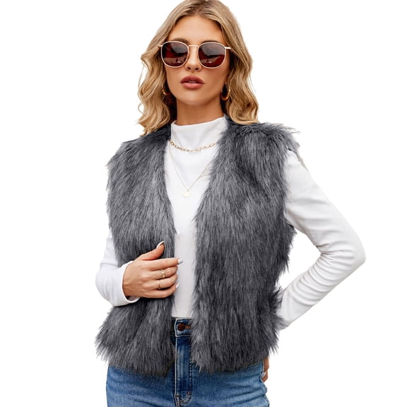 larppty Women's Faux Fur Waistcoat Vest Fuzzy Sleeveless Open Front Outwear Winter Warm Fluzzy Vest Jacket Coat (Grey, M)