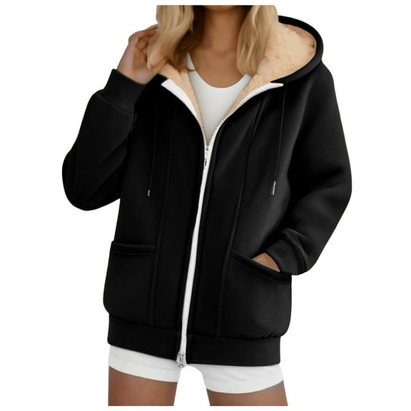larppty Women's Fleece Lined Jacket Winter Hoodie Solid Color Long Sleeve Thick Plush Warm Coats with Pockets (Black, 3XL)