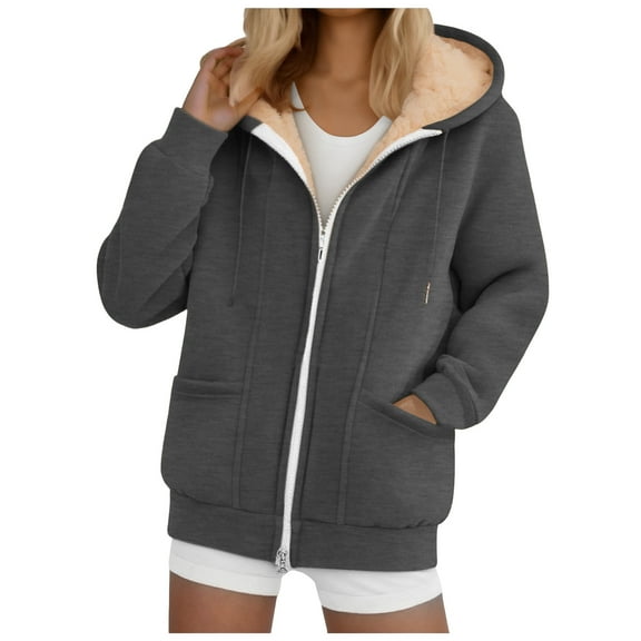 larppty Women's Fleece Lined Jacket Winter Hoodie Solid Color Long Sleeve Thick Plush Warm Coats with Pockets (Dark Gray, 3XL)