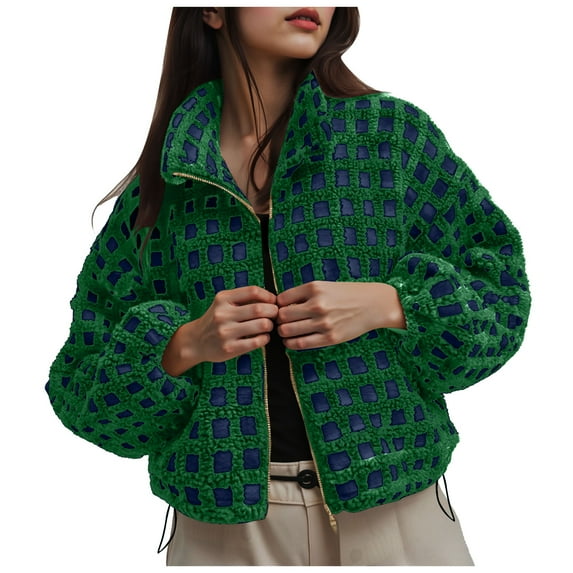 larppty Women’s Gingham Long Sleeve Cropped Sherpa Fleece Plaid Jacket Casual Chunky Teddy Fleece Outerwear with Pockets (Mint Green, XL)