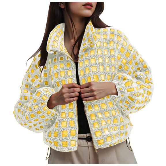 larppty Women’s Gingham Long Sleeve Cropped Sherpa Fleece Plaid Jacket Casual Chunky Teddy Fleece Outerwear with Pockets (Yellow, M)