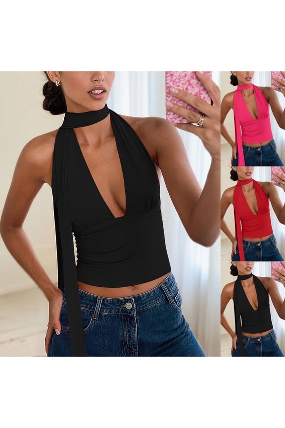 Women's Halter Tie-Neck Plunge Crop Top Adjustable Long Strap Bodysuit with Deep V-Neck for Summer & Casual Wear（Black， M）