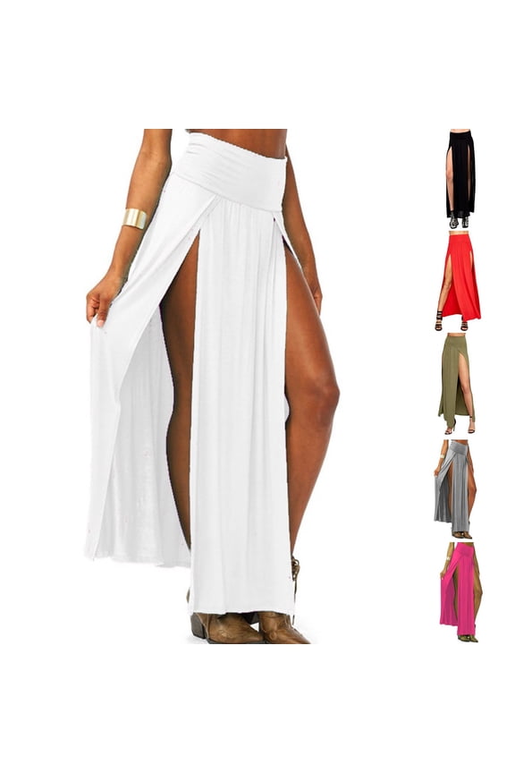 Women's High Waist Double Slit Sexy Plus Size Thigh Split Flowy Long Maxi Skirt(Grey,L)