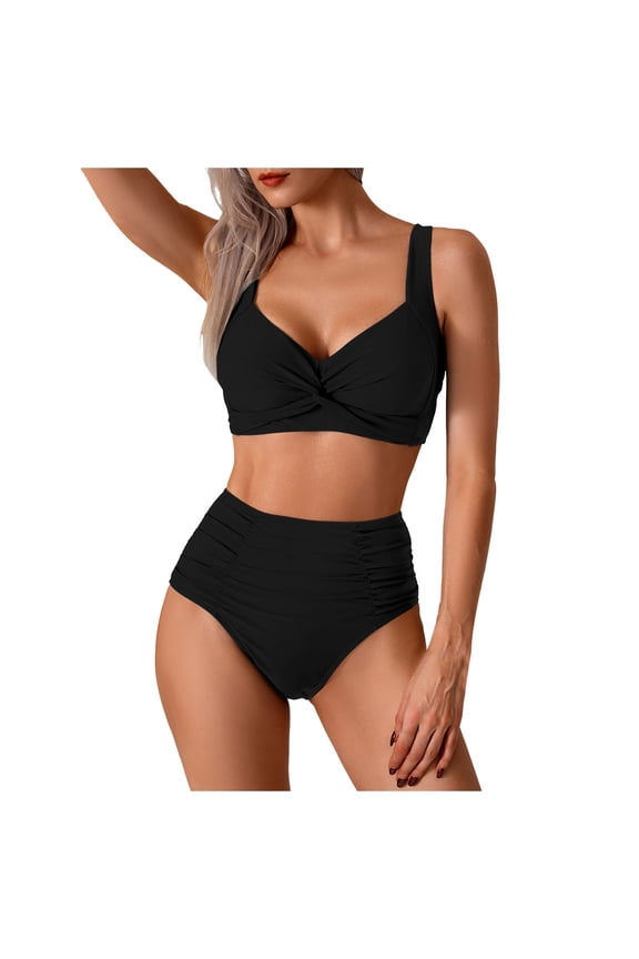 Women's High Waisted Bathing Suit Set Tummy Control Swimsuit Ruched Bottom Push Up Twist Front Top Bikini (Black, M)