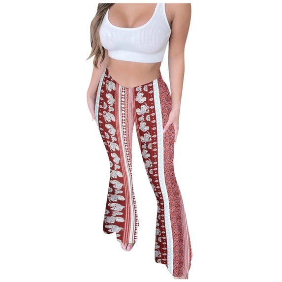 larppty Women's High Waisted Boho Flare Yoga Leggings | Stretchy Tummy Control Bell Bottom Palazzo Wide Leg Trousers (Light Pink, M)