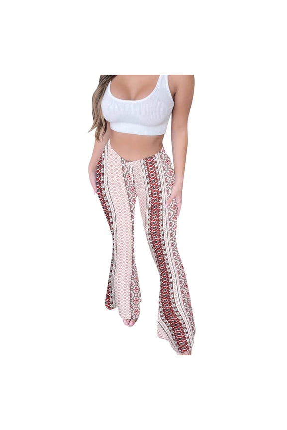 Women's High Waisted Boho Flare Yoga Leggings | Stretchy Tummy Control Bell Bottom Palazzo Wide Leg Trousers (Pink, L)