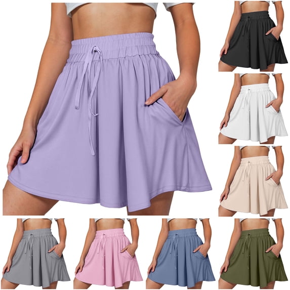 larppty Women's High Waisted Flared Skort with Drawstring and Pockets Casual Summer Mini Skirt Shorts(AG, L)