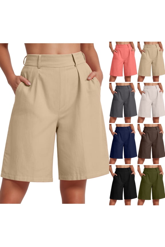 Women's High Waisted Pleated Bermuda Shorts with Pockets, Casual Knee-Length Summer Shorts（Coffee， XXL）