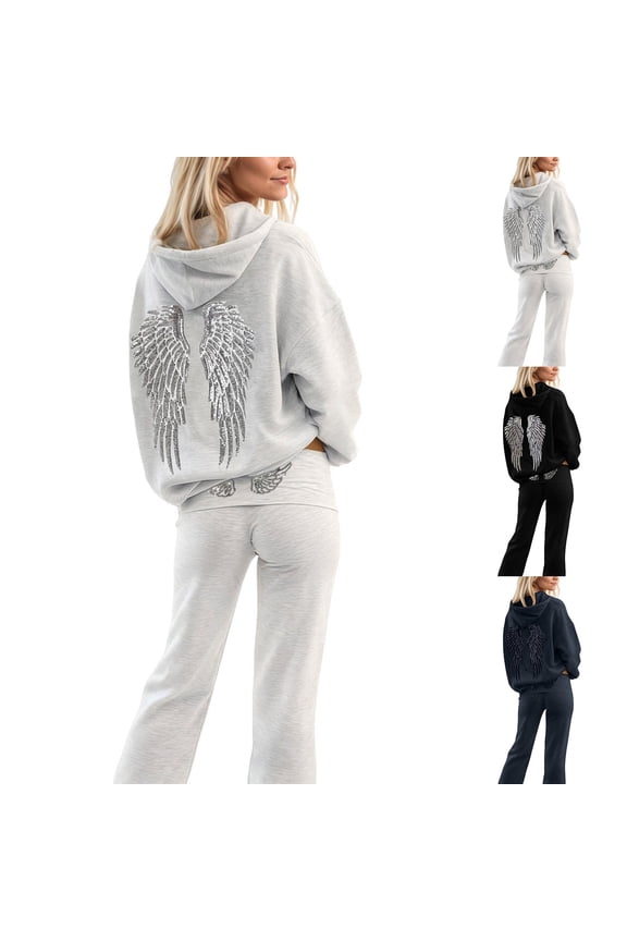 Women's Hoodie & Jogger Set with Angel Wings Design - Soft Cotton Blend Lounge Wear(Black, S)