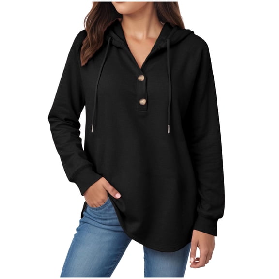 larppty Women's Hoodies Buttons Collar Hooded Sweatshirts Drawstring Casual Pullover Tops 2025 Fall Outfits (Black, XL)