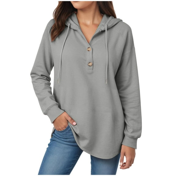 larppty Women's Hoodies Buttons Collar Hooded Sweatshirts Drawstring Casual Pullover Tops 2025 Fall Outfits (Grey, XL)