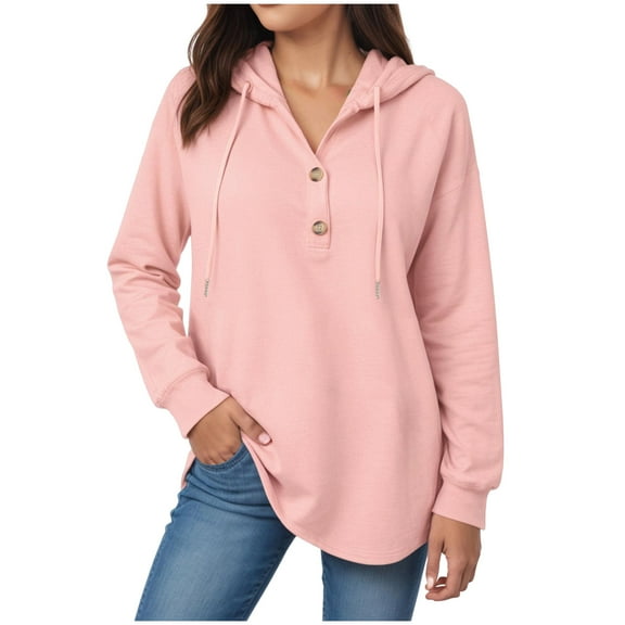 larppty Women's Hoodies Buttons Collar Hooded Sweatshirts Drawstring Casual Pullover Tops 2025 Fall Outfits (Pink, XXL)