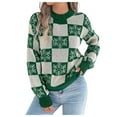 thumbnail image 1 of larppty Women's Knit Winter Sweater Snowflake Checkered Color Block Pullover Tops Trendy Y2k Clothes (Green, M), 1 of 8