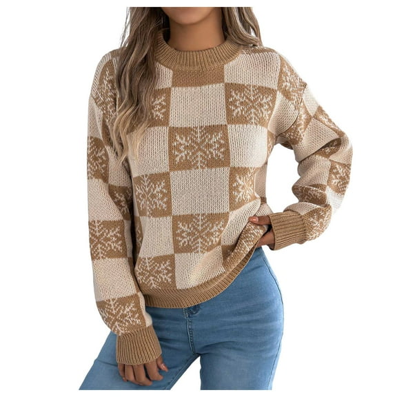 larppty Women's Knit Winter Sweater Snowflake Checkered Color Block Pullover Tops Trendy Y2k Clothes (Khaki, S)