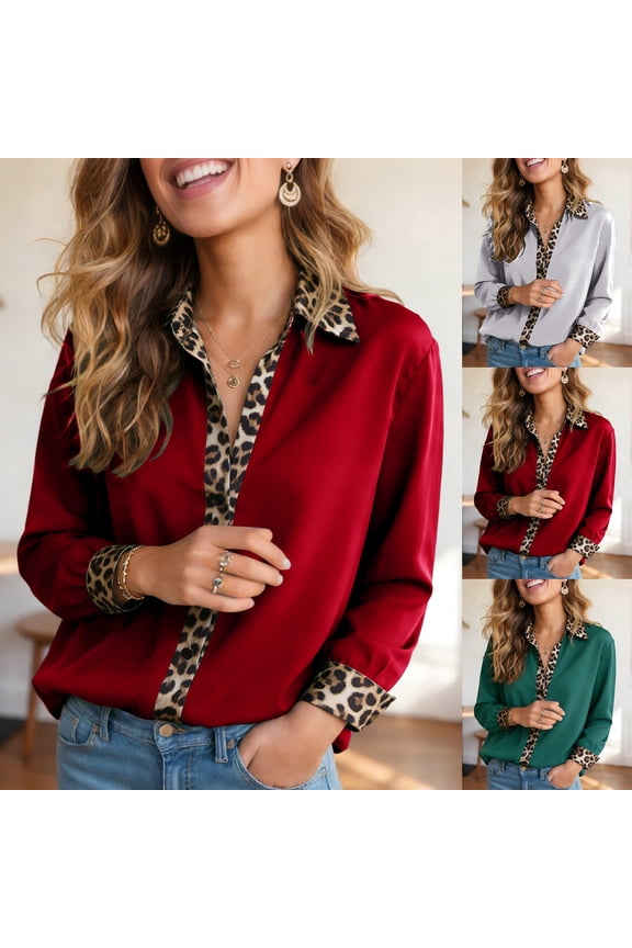 Women's Leopard Print Trim Button-Down Blouse Long Sleeve Top with Contrast Collar in Solid Colors(Grey, XXL)
