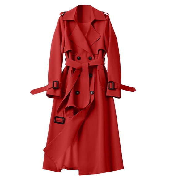 larppty Women's Long Double Breasted Pea Coats Slim Fit Belted Fall Winter Trench Coat Windbreaker Jacket Fashion Clothes (Red, M)
