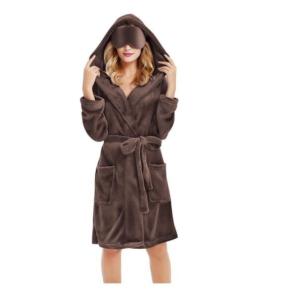 larppty Women's Long Hooded Fleece Bathrobe - Winter Warm with Eye Mask & Belt Sleepwear Robe（Coffee，XXL）