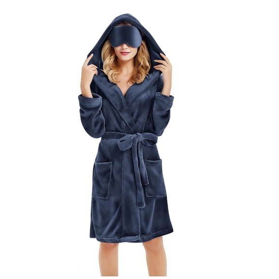 larppty Women's Long Hooded Fleece Bathrobe - Winter Warm with Eye Mask & Belt Sleepwear Robe(Navy,XXL)