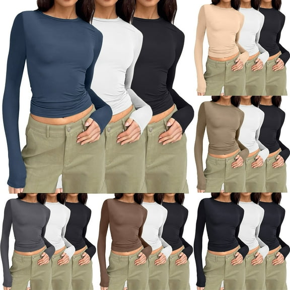 larppty Women's Long Sleeve Crew Neck Slim Fit T Shirts 2024 Y2k Clothes Basic Going Out Tops 3 Pack(Black,L)